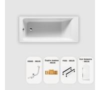 Baignoire rectangulaire blanche Slim 170x70 cm - Pare-baignoire + Plateau bambou + Vidage chrome + pieds - MODAN