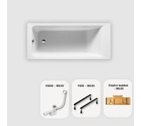 Baignoire rectangulaire blanche Slim 170x70 cm - Plateau bambou + Vidage chrome + pieds - MODAN
