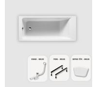 Baignoire rectangulaire blanche Slim 170x70 cm - Repose-tête + Vidage chrome + pieds - MODAN