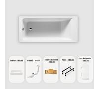 Baignoire rectangulaire blanche Slim 170x70 cm - Tablier + Pare-baignoire + Plateau bambou + Vidage chrome + pieds - MODAN