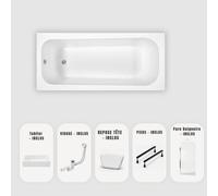 Baignoire rectangulaire blanche Slim 170x70 cm - Tablier + Pare-baignoire + Repose-tête + Vidage chrome + pieds - OPTIKA