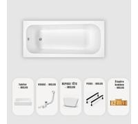 Baignoire rectangulaire blanche Slim 170x70 cm - Tablier + Plateau bambou + Repose-tête + Vidage chrome + pieds - OPTIKA