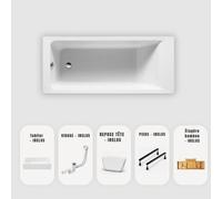 Baignoire rectangulaire blanche Slim 170x70 cm - Tablier + Plateau bambou + Repose-tête + Vidage chrome + pieds - MODAN