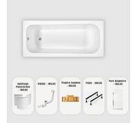 Baignoire rectangulaire blanche Slim 180x80 cm - Habillage + Pare-baignoire + Plateau bambou + Vidage chrome + pieds - OPTIKA
