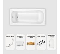 Baignoire rectangulaire blanche Slim 180x80 cm - Pare-baignoire + Plateau bambou + Repose-tête + Vidage chrome + pieds - OPTIKA