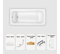 Baignoire rectangulaire blanche Slim 180x80 cm - Tablier + Pare-baignoire + Plateau bambou + Vidage chrome + pieds - OPTIKA