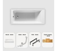 Baignoire rectangulaire blanche Slim 180x80 cm - Tablier + Plateau bambou + Vidage chrome + pieds - MODAN
