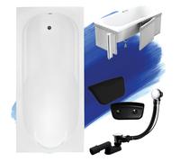 Baignoire rectangulaire Set 5in1 180x80 avec vidage Premium et pieds S + habillage (polystyrène) + appui-tête en noir | BADLAND BONA