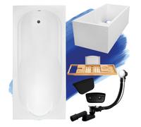 Baignoire rectangulaire 180x80 avec vidage et pieds S + support de baignoire + tablette en bois de bambou + appuie-tête en noir | BADLAND BONA