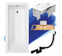 Baignoire rectangulaire Set 5in1 180x80 avec vidage Premium et pieds S + habillage (polystyrène) + étagère en bois de bambou | BADLAND MODERNE
