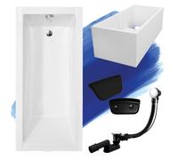 Baignoire rectangulaire Set 5in1 180x80 avec vidage Premium et pieds S + support de baignoire + appui-tête en noir | BADLAND MODERNE