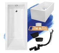 Baignoire rectangulaire 180x80 avec vidage et pieds S + support de baignoire + tablette en bois de bambou + appuie-tête en noir | BADLAND MODERNE