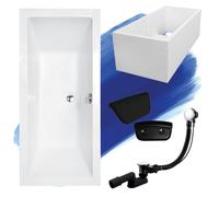 Baignoire rectangulaire Set 5in1 180x80 avec vidage Premium et pieds S + support de baignoire + appui-tête en noir | BADLAND QUADRO