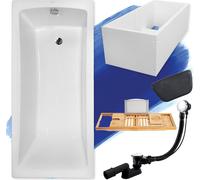 Baignoire rectangulaire set 5in1 150x70 avec vidage et pieds S + support de baignoire + tablette en bois de bambou + appuie-tête en noir | BADLAND OPTIMAZ