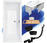 Baignoire rectangulaire Set 5in1 165x75 avec vidage et pieds S + polystyrène + tablette en bois de bambou + appuie-tête en noir | BADLAND QUADRO