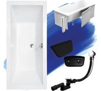 Baignoire rectangulaire Set 5in1 165x75 avec vidage Premium et pieds S + habillage (polystyrène) + appui-tête en noir | BADLAND QUADRO