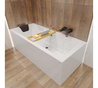 Baignoire rectangulaire Set 5in1 165x75 avec vidage Premium et pieds S + habillage (tablier acrylique) + étagère en bois de bambou | BADLAND QUADRO