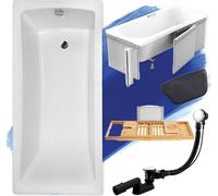 Baignoire rectangulaire Set 5in1 170x70 avec vidage et pieds S + polystyrène + tablette en bois de bambou + appuie-tête en noir | BADLAND OPTIMAZ