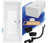 Baignoire rectangulaire Set 5in1 170x75 avec vidage et pieds S + support de baignoire + tablette en bois de bambou + appuie-tête en noir | BADLAND QUADRO