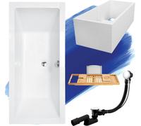 Baignoire rectangulaire Set 5in1 170x75 avec vidage Premium et pieds S + support de baignoire + étagère en bois de bambou | BADLAND QUADRO