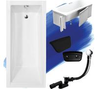 Baignoire rectangulaire Set 5in1 180x80 avec vidage Premium et pieds S + habillage (polystyrène) + appui-tête en noir | BADLAND MODERNE