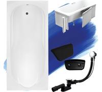 Baignoire rectangulaire Set 5in1 180x80 avec vidage Premium et pieds S + habillage (polystyrène) + appui-tête en noir | BADLAND BONA