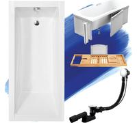 Baignoire rectangulaire Set 5in1 180x80 avec vidage Premium et pieds S + habillage (polystyrène) + étagère en bois de bambou | BADLAND MODERNE