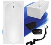 Baignoire rectangulaire Set 5in1 180x80 avec vidage Premium et pieds S + support de baignoire + appui-tête en noir | BADLAND BONA