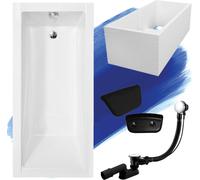 Baignoire rectangulaire Set 5in1 180x80 avec vidage Premium et pieds S + support de baignoire + appui-tête en noir | BADLAND MODERNE