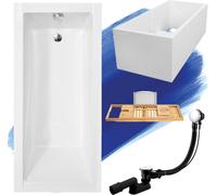 Baignoire rectangulaire Set 5in1 180x80 avec vidage Premium et pieds S + support de baignoire + étagère en bois de bambou | BADLAND MODERNE