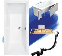 Baignoire rectangulaire Set 5in1 190x90 avec vidage Premium et pieds S + habillage (polystyrène) + étagère en bois de bambou | BADLAND QUADRO