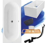 Baignoire rectangulaire set 6in1 160x75 avec vidage Premium et pieds S + support de baignoire + tablette en bois de bambou + appuie-tête en noir | BADLAND VITAE