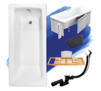 Baignoire rectangulaire set 6in1 170x75 avec vidage premium et pieds S + habillage polystyrène + étagère en bois de bambou + appuie-tête en noir | BADLAND TALIA