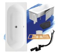 Baignoire rectangulaire set 6in1 180x80 avec vidage Premium et pieds S + habillage polystyrène + tablette en bois de bambou + appuie-tête en noir | BADLAND VITAE