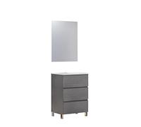 Baikal 280034606 Ensemble de Meuble de Salle de Bain Neo avec lavabo en céramique et Miroir Lune Lisse, Trois tiroirs sur Pieds Finition en Cendre. Dimensions 60 x 83 x 46 cm. Meuble monté