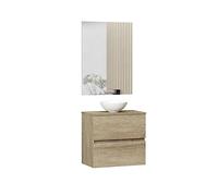 Baikal Ensemble de Meubles de Salle de Bain Ness, spécial Petites salles de Bains, Meuble de Fond réduit de 36 cm, avec lavabo en céramique, Meuble monté, Deux tiroirs avec Miroir 60 cm Nature