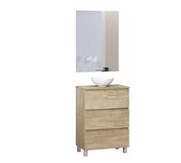 Baikal Ensemble de Meubles de Salle de Bain Ness, spécial Petites salles de Bains, Meuble de Fond réduit de 36 cm, Comprend Un lavabo en céramique, Meuble monté Trois tiroirs avec Miroir 60 cm Nature