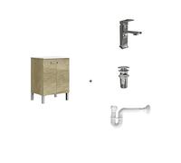 BAIKAL Pack solution complète comprenant : meuble de salle de bain, lavabo en céramique, robinet, siphon extensible et vanne de vidange. Meuble assemblé. Livraison tout-en-un. Sans miroir 60 cm Nature