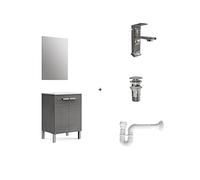 BAIKAL Pack solution complète comprenant : meuble de salle de bain, lavabo en céramique, robinet, siphon extensible et vanne de vidange. Meuble assemblé. Livraison tout en un. avec miroir 60 cm cendre