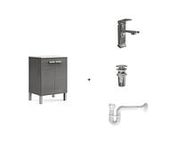 Baikal Pack Solution complète Comprenant : Meuble de Salle de Bain, lavabo en céramique, Robinet, Siphon Extensible et bonde de vidange. Meuble monté. Livraison Tout-en-Un. 2 Portes sans Miroir 60 cm