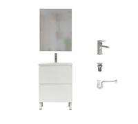 Baikal Pack Solution complète : Meuble de Salle de Bain, lavabo en céramique, Robinet, Siphon Extensible et vanne de vidange. Meuble monté. Livraison Tout en Un. Porte + tiroir Miroir 60 cm Blanc