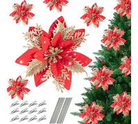 Baimuni Fleur de Noël pour Sapin avec Clip,12 Pièces Fleurs Artificielles Glitter de Noel à Paillettes,Fleur Poinsettia de Scintillantes, pour Guirlande, Couronne, Noce Décoration, Or + Rouge