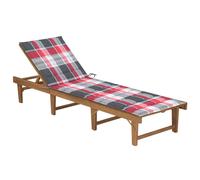 Bain de soleil pliable en acacia avec revêtement à carreaux gris-rouge