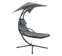 Chaise longue suspendue avec toit solaire Chaise longue flottante avec revêtement rembourré 120 kg Chaise longue oscillante Chaise longue de relaxation Structure en acier Polyester Gris