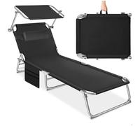 Bain de soleil - TECTAKE - Chaise longue transat de jardin CHLOÉ pliable, pare-soleil, appui-tête et pochette latérale - Noir