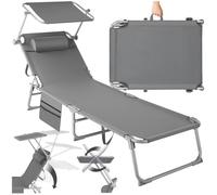 Bain de soleil - TECTAKE - Chaise longue transat de jardin CHLOÉ pliable, pare-soleil, appui-tête et pochette latérale - Gris