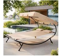 Bain de soleil - TECTAKE - Transat double en acier LIVORNO pour 2 personnes pare-soleil réglable 185 x 195 x 142-175 cm - Noir/Beige