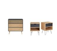 BAÏTA - Commode Capucine Noir et Effet chêne 78cm & Lot de 2 Tables de Chevet Duo