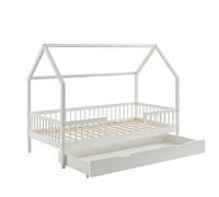BAÏTA Lit cabane avec barrières Tiny pin Massif Blanc 90x190cm sommier Inclus+tiroir