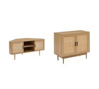 BAÏTA Meuble TV d'angle Amana Effet chêne et cannage en rotin 2 Portes & Buffet Amana Effet chêne et cannage rotin 90cm